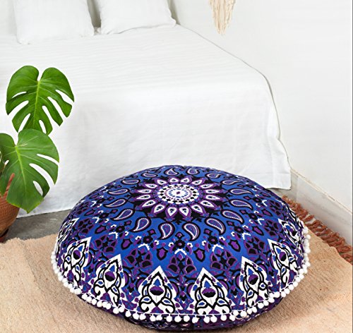 Popular Handicrafts Floor Pillow Cushion Cover - Hippie Star Mandala Cushion Cover Large Cotton - Pouf Cover Round Bohemian Yoga Decor, 32" Blue Purple #TOP5