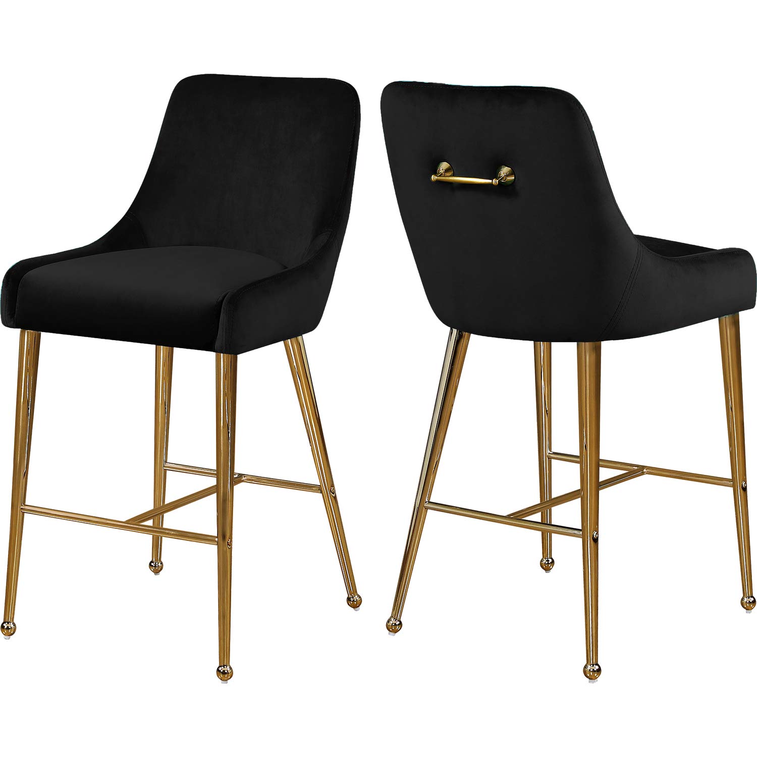 Meridian FurnitureOwen Collection Modern | Contemporary Velvet Upholstered Counter Stool with Polished Gold Metal Legs, Set of 2, 23" W x 21" D x 40" H, Black