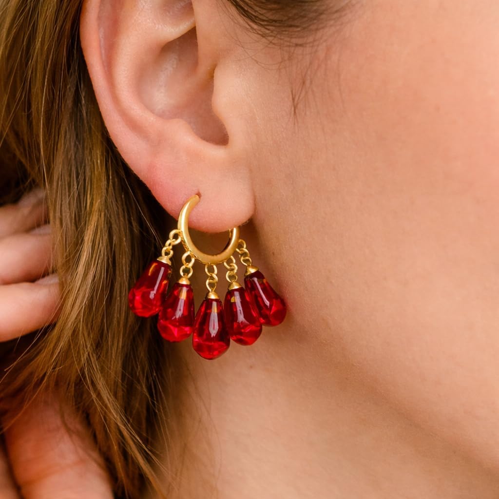 Pomegranate Hoop Earrings for Women, 14K Gold Plated Stainless Steel Hoops with Glass Seed Charms, Hypoallergenic Dangling Earrings Jewelry Gifts - Image 2