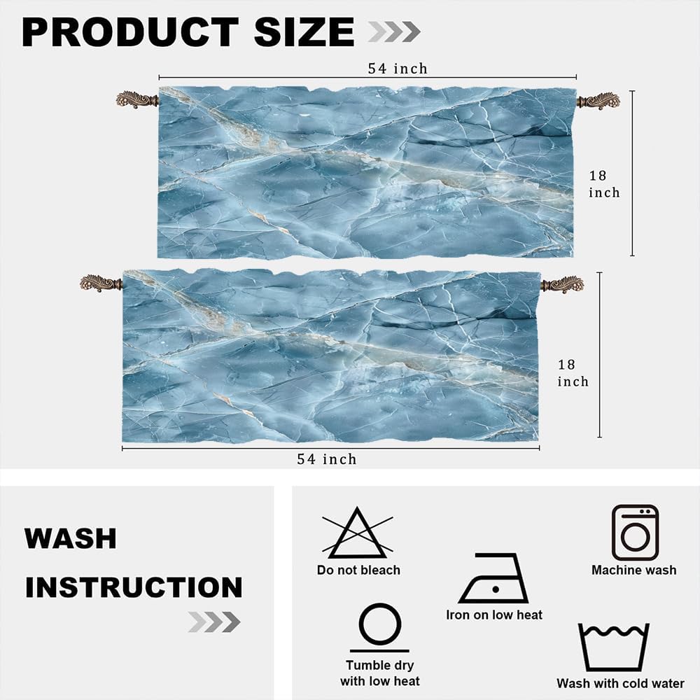 2 Panels Abstract Blue Marble Window Valances, Rod Pocket Classic Modern Geometric Short Curtains Window Treatment for Kitchen, Bathroom, Bedroom Decor, 54" W X 18" L