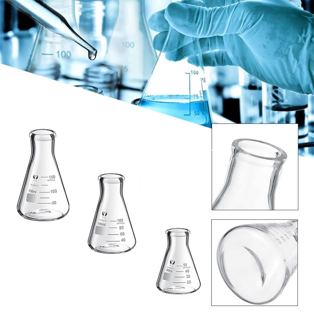Juego de frascos Erlenmeyer de vidrio (150 ml/100 ml/50 ml), con 4 vasos graduados de vidrio, 3 cilindros de medición de vidrio con 3 cuentagotas de vidrio, 2 varillas de agitación de vidrio
