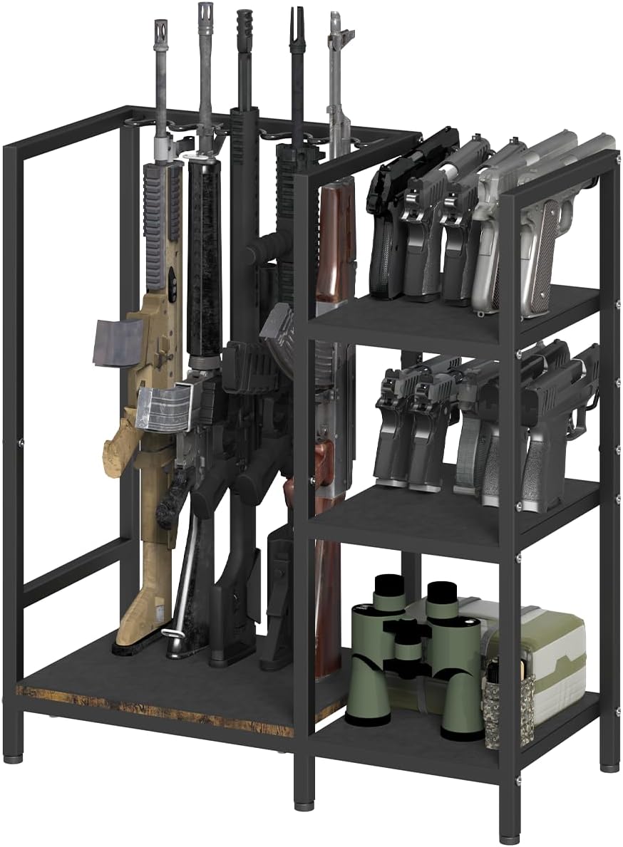 Mondazie Gun Rack, Floor Standing Rifle Stand with Pistol Shelves, Vertical Shotgun Storage Holder Display Racks Indoor with Padding for Home or Garage, Hold up to 5 Long Guns and 10 Handguns, Black