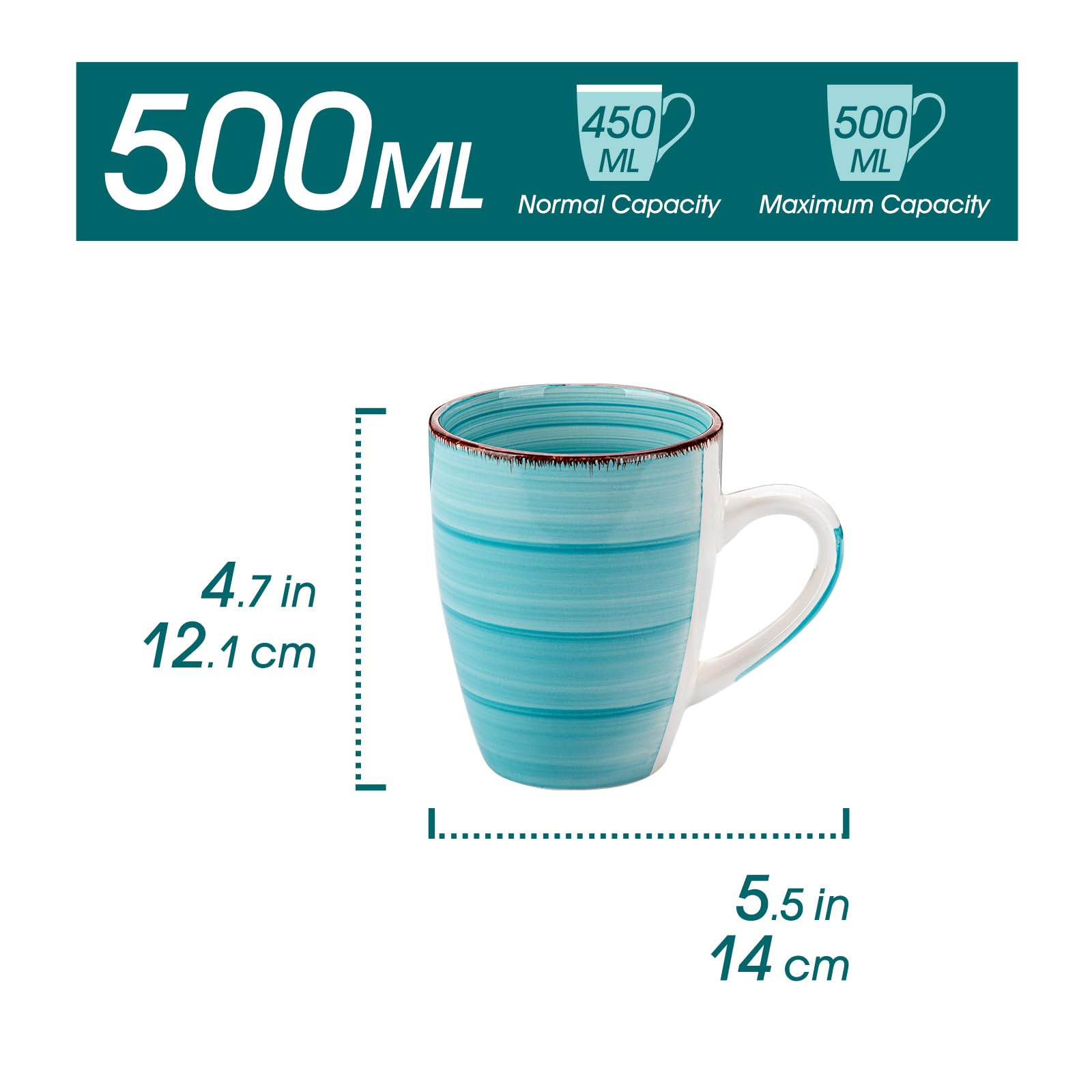 vancasso BONITA Set 6 Tazas de Café, 500 ml Tazas Desayuno Mugs, Juego de Tazas de Leche de Gres, Tazas Grandes Ceramica, Microondas y Lavavajillas, Pintados a Mano de Estilo, Azul