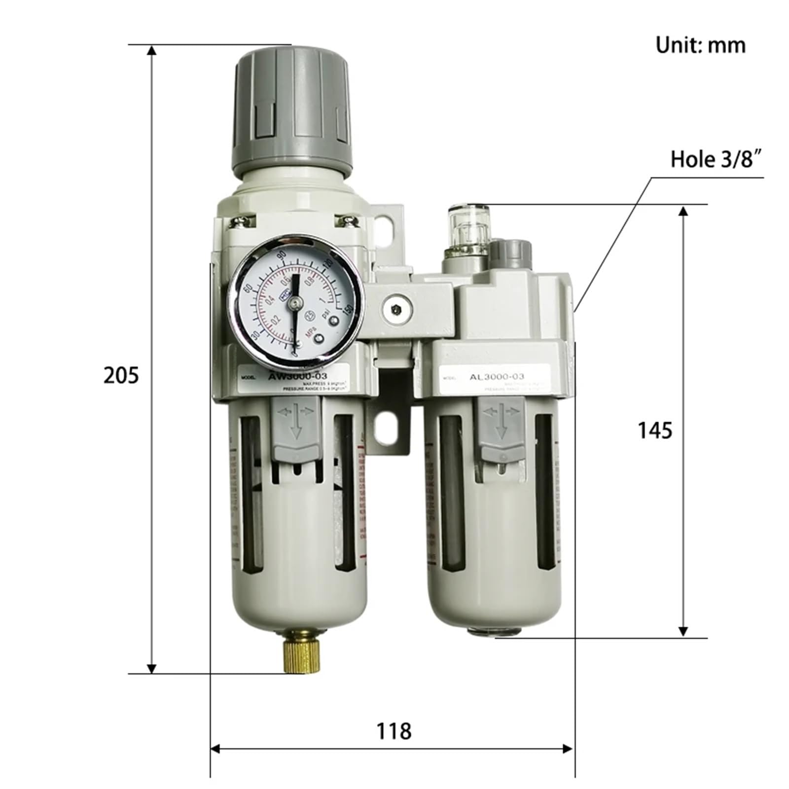 AC2010-02 AC3010-03 AC4010-04 pneumatyczny regulator ciśnienia separator oleju i wody, ręczny odwadniacz, kompresor, filtr powietrza (Ac3010-03 PC12-03, filtr miedziany)