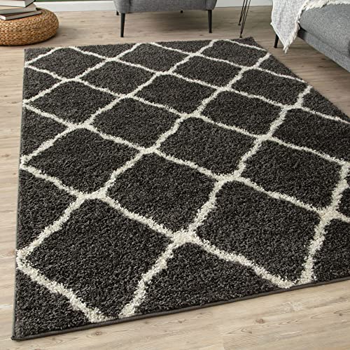 THE RUGS Tapis à Poils Longs Moderne au Design marocain pour Salon, Chambre à Coucher, Couloir, 3 cm d'épaisseur, Gris foncé/Ivoire, 160 x 230 cm