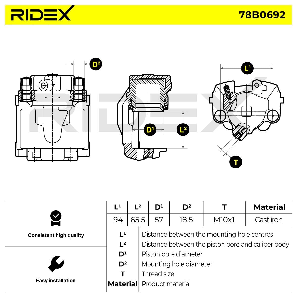 RIDEX 78B0692 Pinza de freno Delantero Izquierda Delantero sin soporte Compatible con MERCEDES-BENZ Clase C Sedán W202