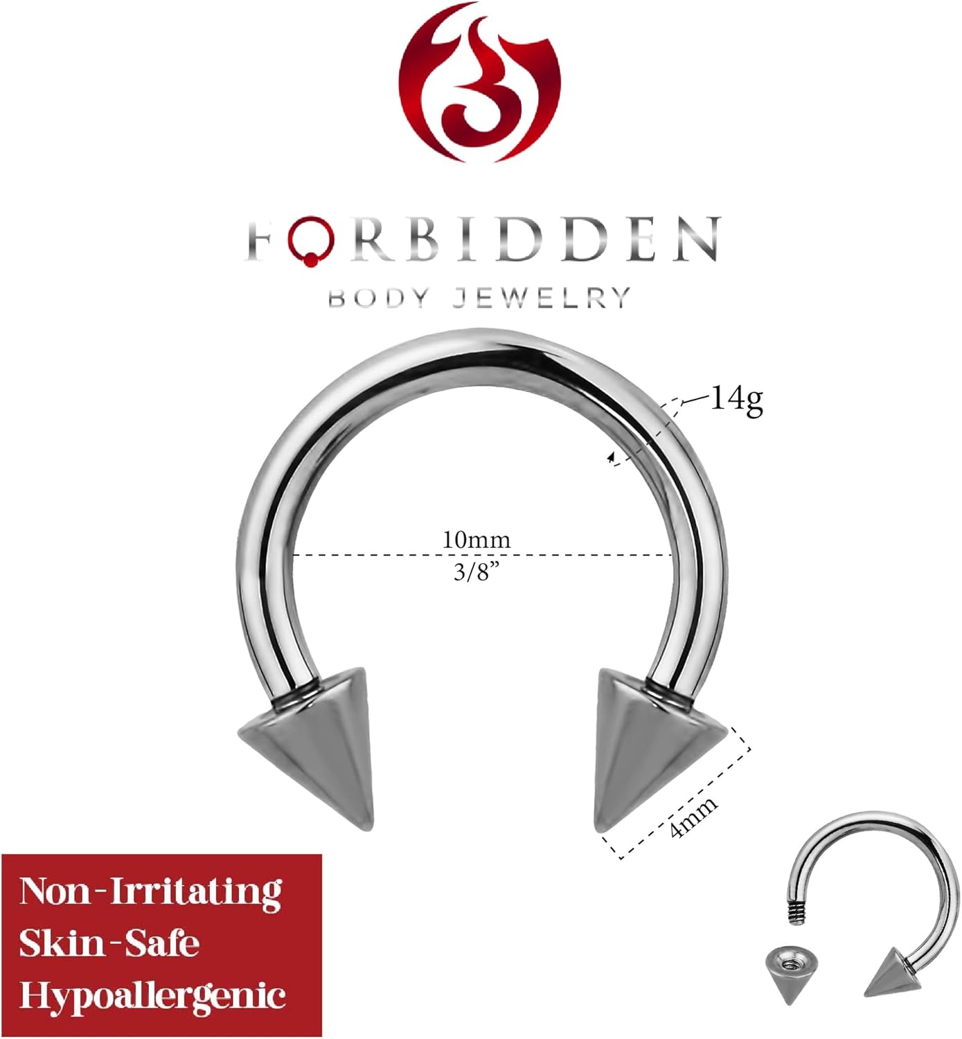 Forbidden Body Jewelry 14g 10 mm (3/8") Titanium Double Spike Horseshoe Body Piercing Ring, 4 mm Cones - Image 2