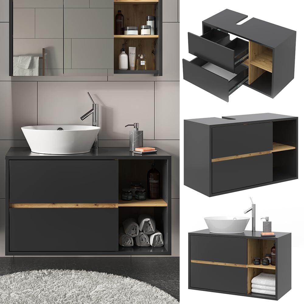Vicco Mobile sottolavabo per bagno Viola, Antracite, 100 x 60 cm, con intaglio per sifone e ripiani aperti per montaggio a parete