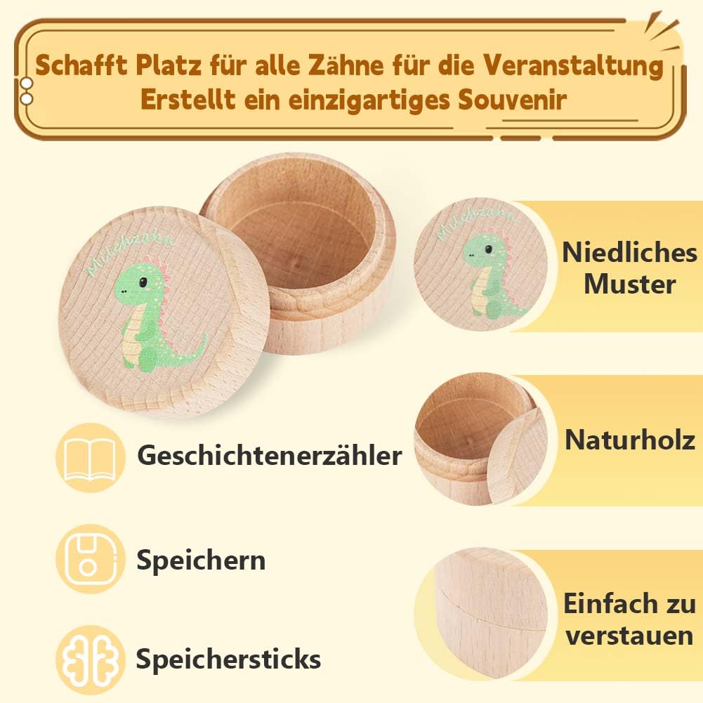 Aolso Milchzahndose Holz, Milchzahndose Mädchen & Jungen, Zahnbox für Milchzähne aus Holz mit Namen zum Aufstellen, Zahndose für Zahnfee Geschenke mit Display Funktion (Dinosaurier) Baby
