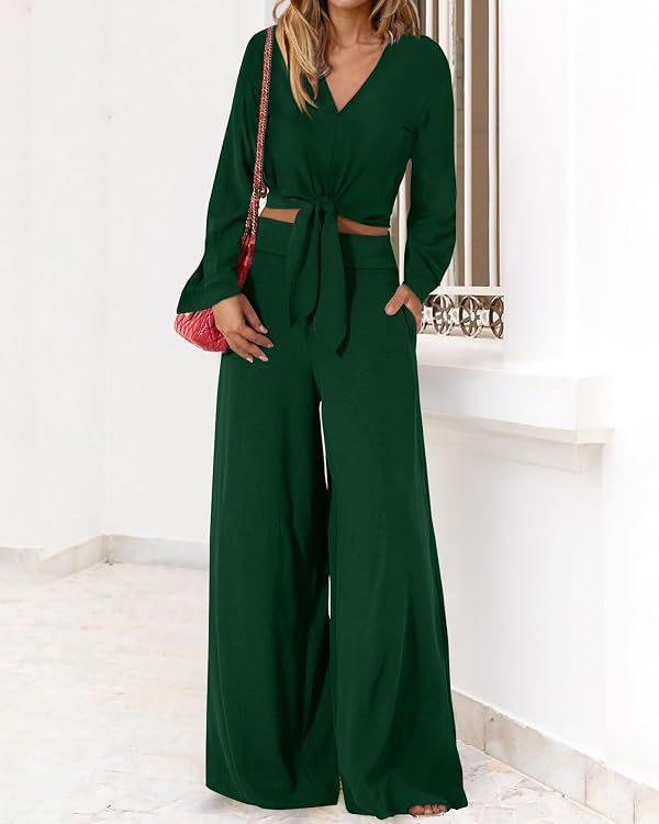 PRETTYGARDEN Women's 2 Piece Outfits 2026 Spring Fashion V Neck Long Sleeve Strappy Crop Top Wide Leg Pant Lounge Sets(Drak Green,XX-Large) by PRETTYGARDEN - Used condition - US$17.14