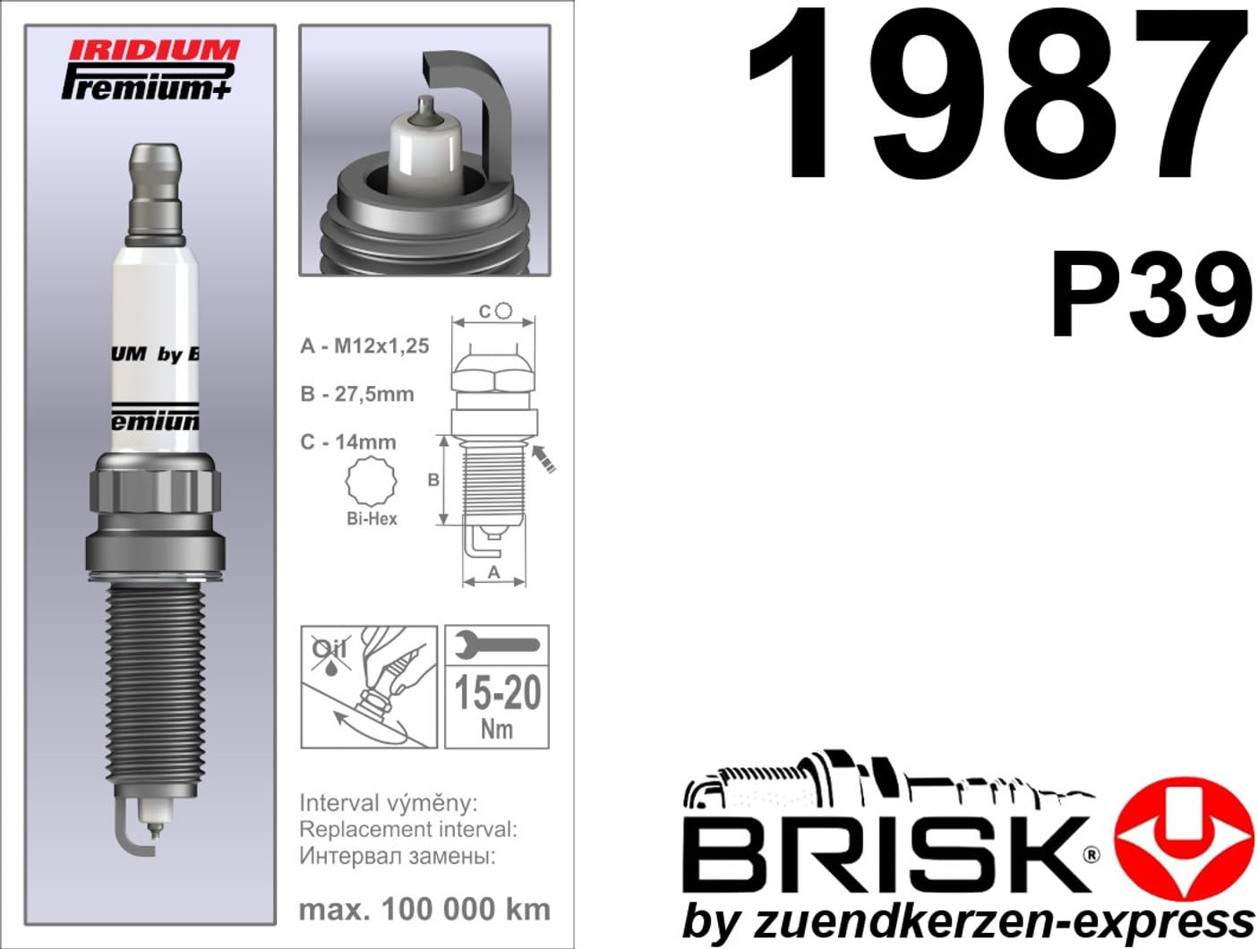 BRISK Iridium Premium+ Plus P39 2MOR12LIR 1987 Zündkerzen, 4 Stück