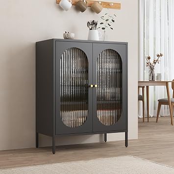 Metal Accent Storage Cabinet, Buffet Sideboard with 2 Glass Doors, Black