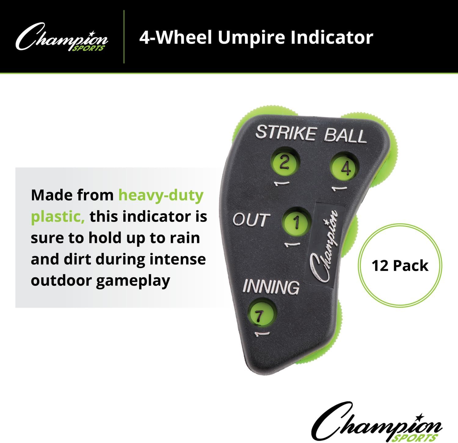 Champion Sports 4 Wheel Plastic Baseball Umpire Count Indicator - Call Order Strikes, Balls, Outs and Innings - Black with Optic Yellow