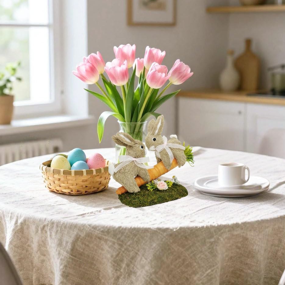 naturevibe 8.9 Inches Sisal Easter Bunny Decor on Carrot Seesaw, Natural Straw Easter Decorations Bunny Figurine on Moss Meadow as Spring Decor - Image 5