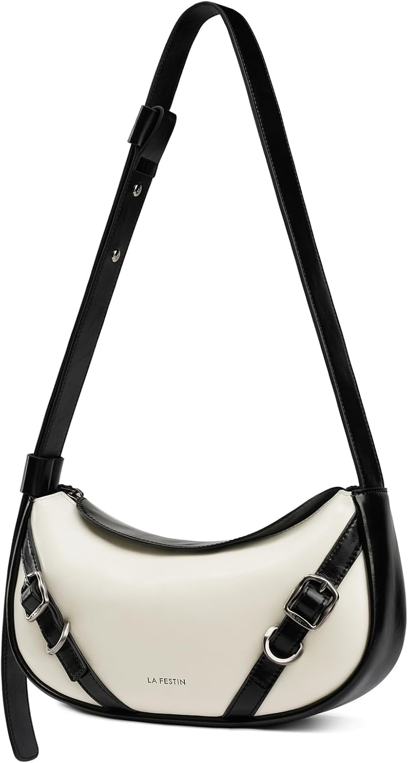 LAFESTIN Women's Leather Crossbody Bag - Adjustable Strap Purse with Zipper, Trendy Crescent Bag for Daily Use