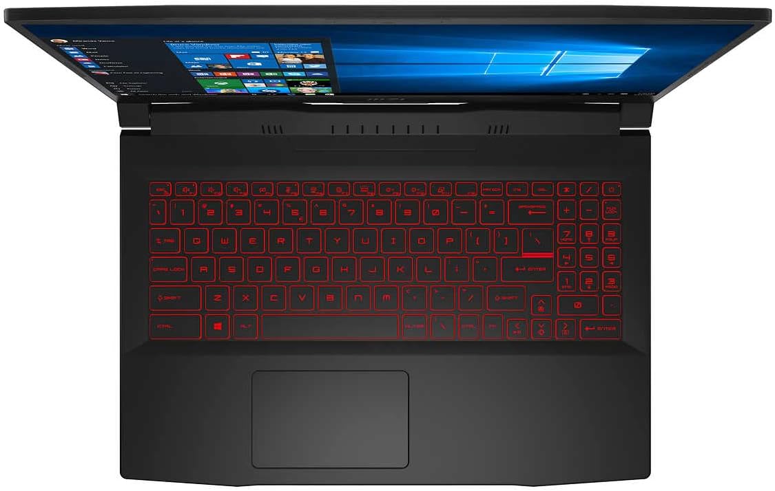 Top-down view of the MSI Katana GF66 laptop with the screen open, showing the red backlit keyboard and touchpad.