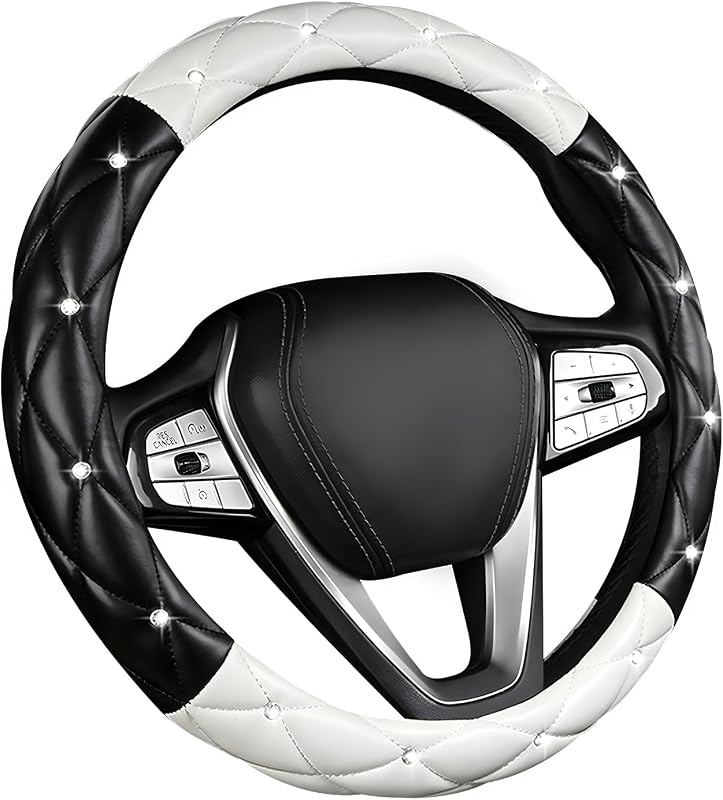 Capa para Volante DXNQ com Cristais, Couro Macio, Antiderrapante, Preta e Branca, 38,1 cm