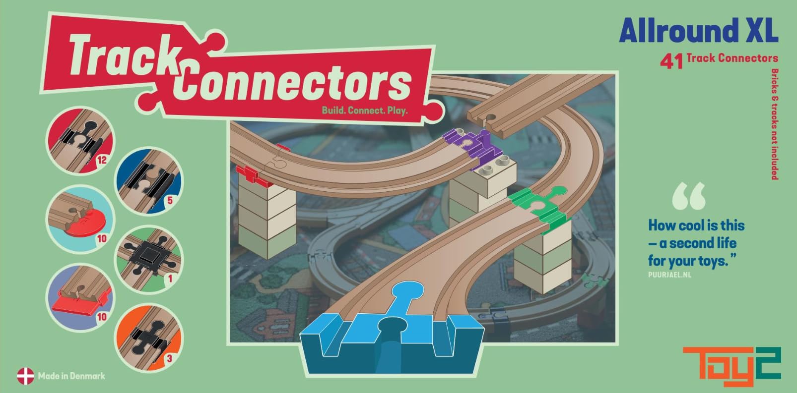 TOY2 Allround - Juego de 41 Conectores de Pista de Tren para Juguetes compatibles con Brio & Duplo | Kit con 6 Conectores Diferentes | Juego de Conectores de riel de Madera sostenible