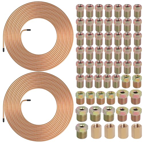 Ailbiuko 2 Sets 25 FT 3/16' Brake Line Tubing Assortment Kit with 60 Pcs Brake Line Fittings(3/8 Inch-24 Threads Nuts and Unions,7/16 Inch-24 Thread,1/2 Inch-20 Thread,9/16 Inch-18 Thread Nut)