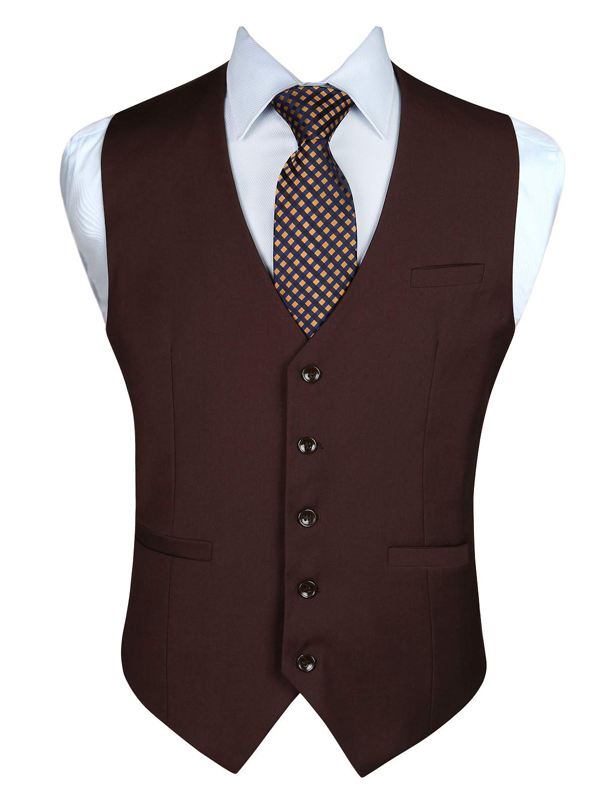 Enlision Men's Brown Waistcoat Formal Plain Waistcoats Wedding Solid Colour Tuxedo Waistcoat Business Suit Vest With Pockets 3XL