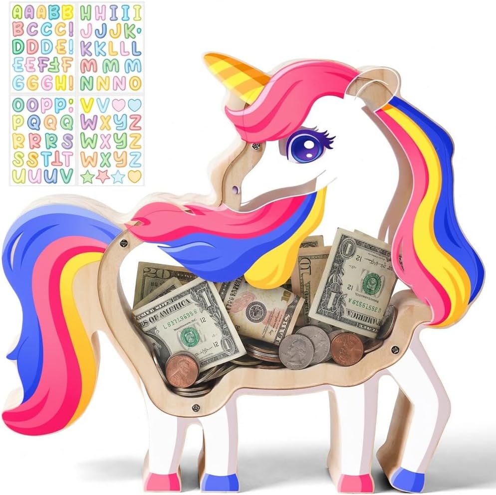 Wooden Unicorn Piggy Bank for Kids, Unicorn Money Bank for Girls Boys