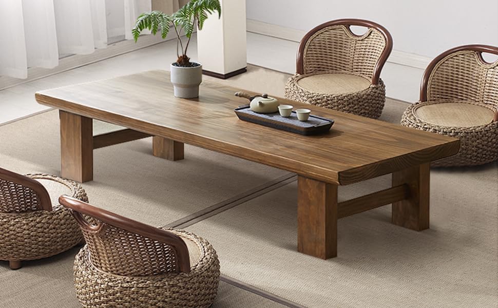 Image of Japanese Style Sheesham Wood Coffee Table for Living Room, Dining Room, Bedroom, Kitchen, Office Home Decor (115x50x38)