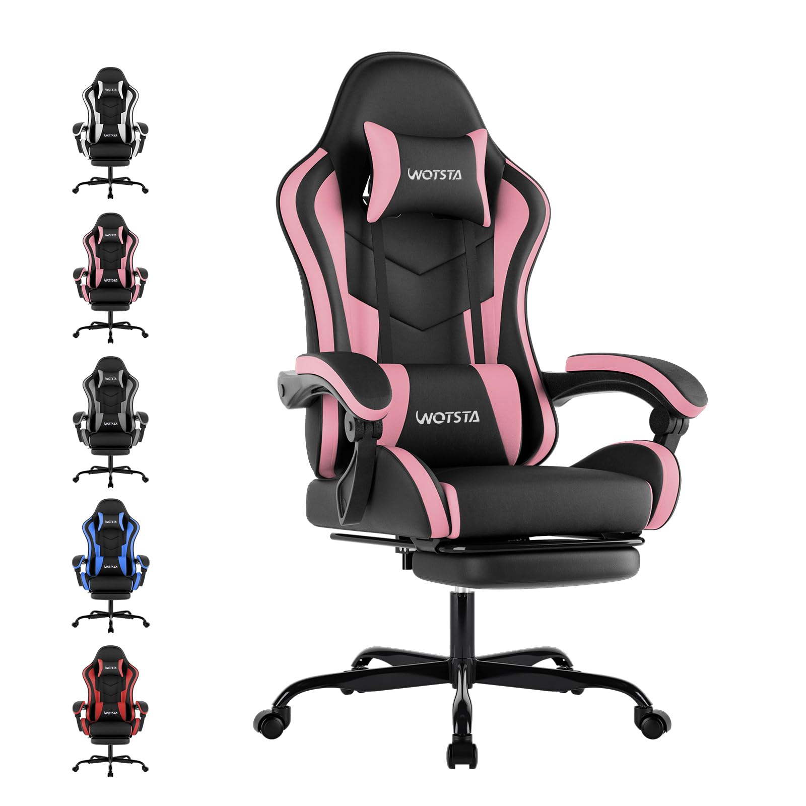 WOTSTA Gaming Chair Computerstuhl Ergonomischer Gaming Stuhl mit Fußstütze Bürostuhl Ergonomischer Computerstuhl mit Lendenwirbelstütze (BLKPK)