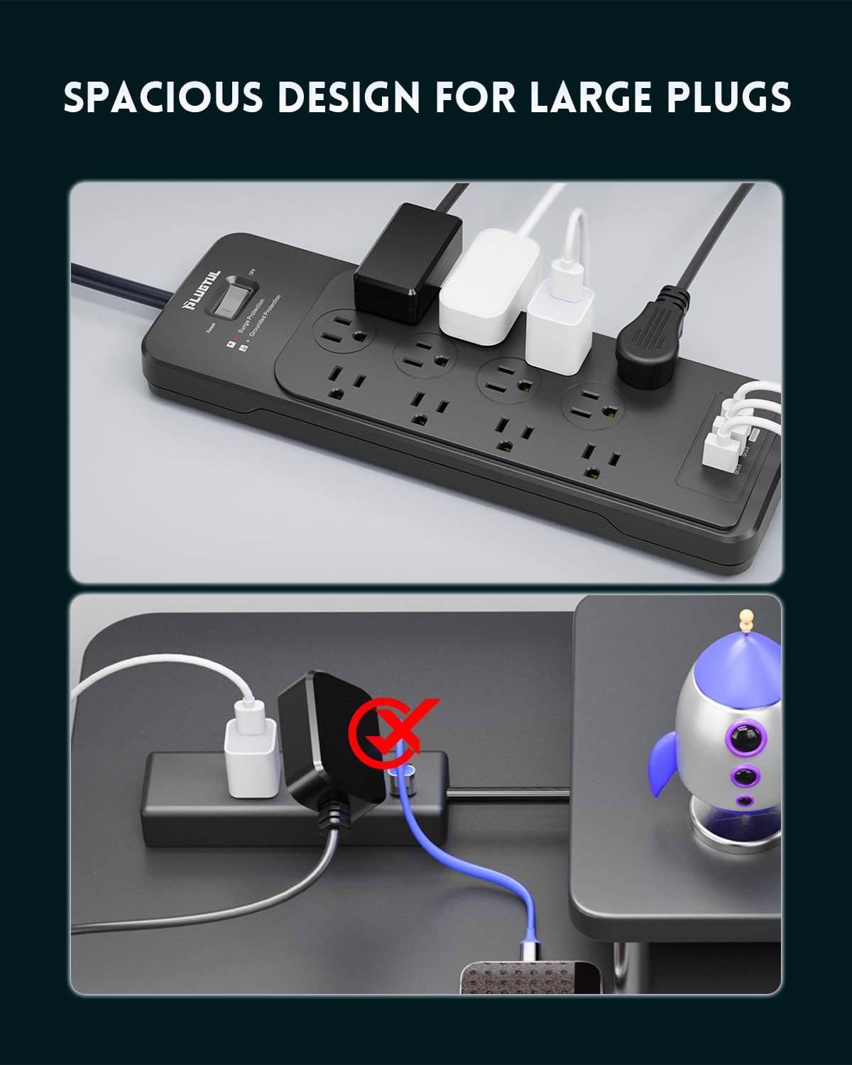 Protezione contro le sovratensioni Banda di alimentazione da 5 piedi (4080J), presa di protezione contro le sovratensioni con 12 prese, design spazioso per grandi prese, presa piatta, ricarica USB C
