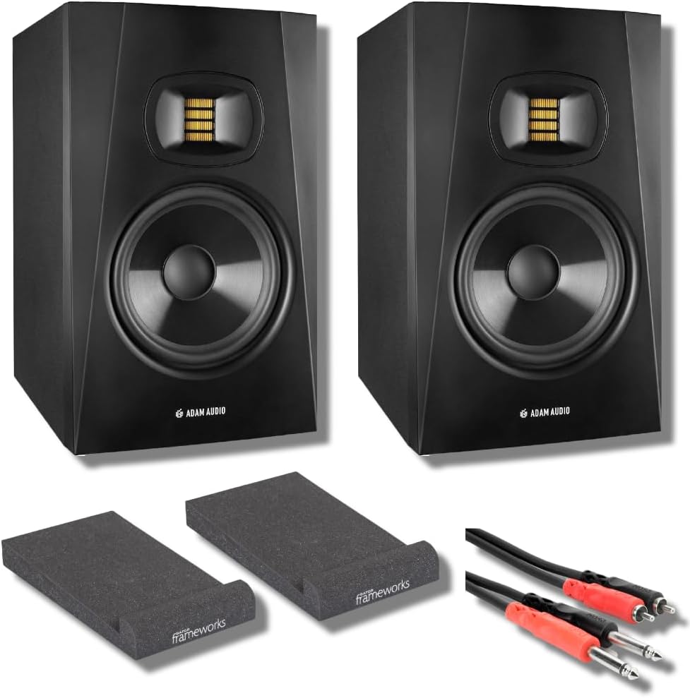 Adam Audio T5V Active Studio Monitor (Pair) with Gator Studio Monitor Isolation Pads, Hosa Technology CPR-203 1/4" to RCA and StreamEye Polishing Cloth