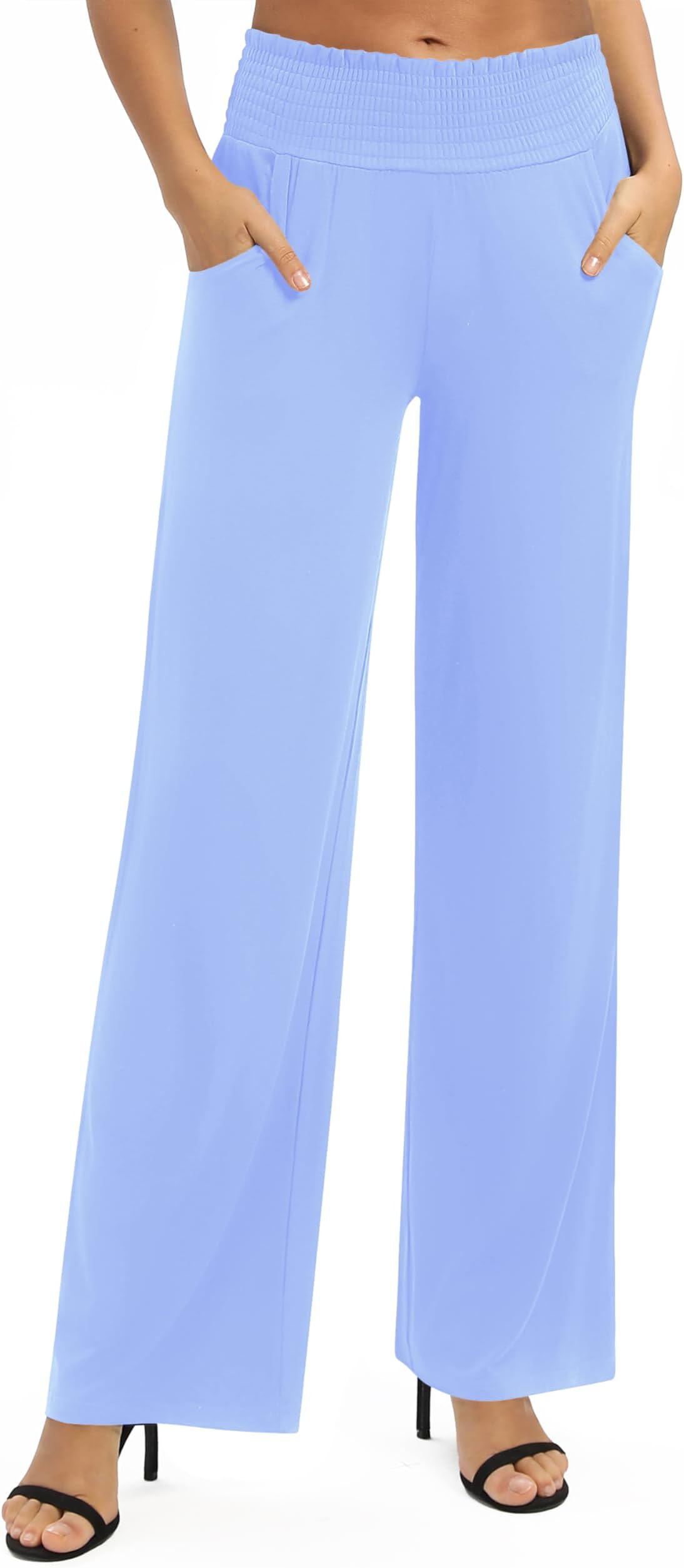 Womens High Waist Flowy Palazzo Pants Elastic Waist Wide Leg Stretchy Straight Leg Dressy Casual Lounge Trousers