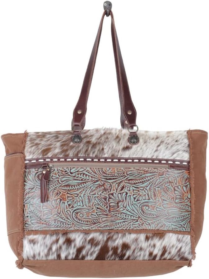 Myra Bag Juniper Cowhide Purse - Large Cowhide Purses for Women, Floral Tooled Leather Accent, Fringes, Western Style