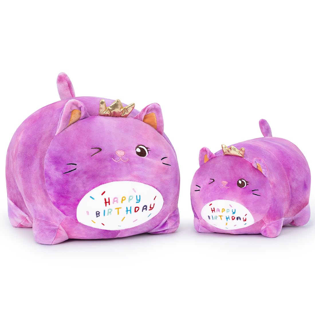 Peluche Gatto Compleanno - Giocattolo Morbido con Scritta 'HAPPY BIRTHDAY', Regalo Personalizzabile per Bambini Adulti (25CM,Viola)