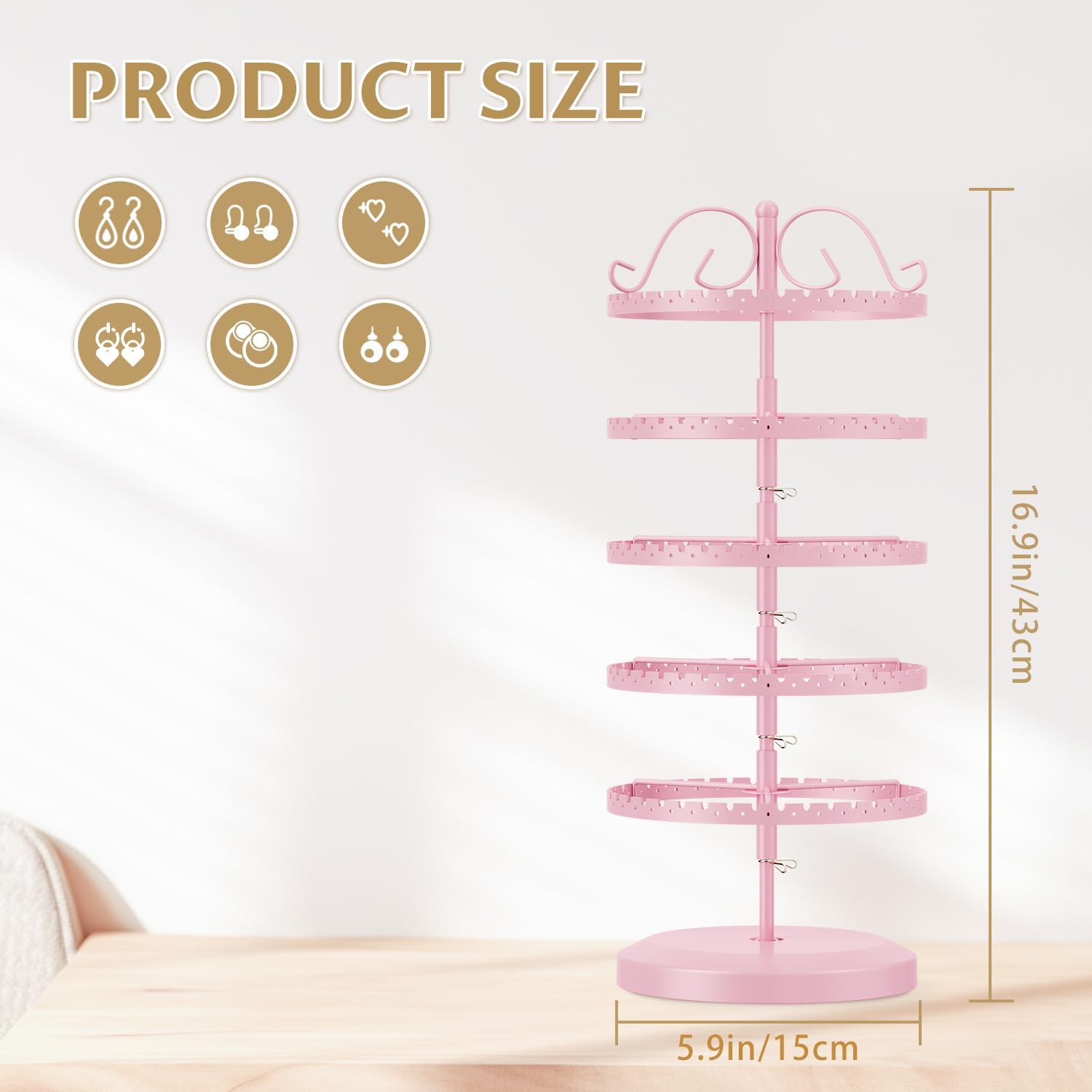 LASZOLA 5 Tier Pink Earring Holder Organizer Tree Women Display Storage for Stud and Hoop, Large Cool Rotating Clip Stand for Pierced and Dangle Earring, Vertical Metal Tower Carousel with 400 Holes