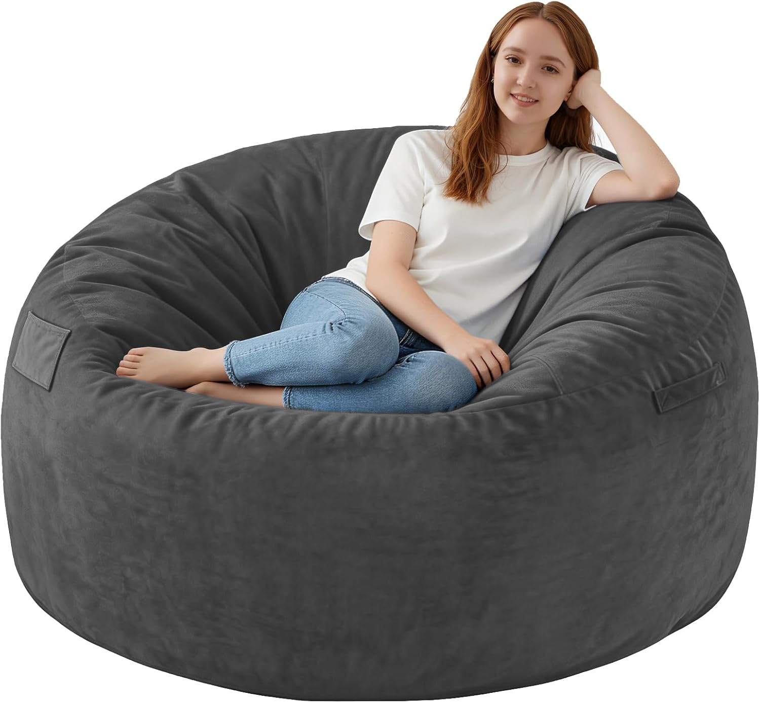3FT Bean Bag Chair, Comfy Bean Bag Chairs with Memory Foam Filled, Fluffy Beanbag Sofa with Dutch Velvet Cover, Round BeanBag Chairs for Living Room, Playroom- Grey