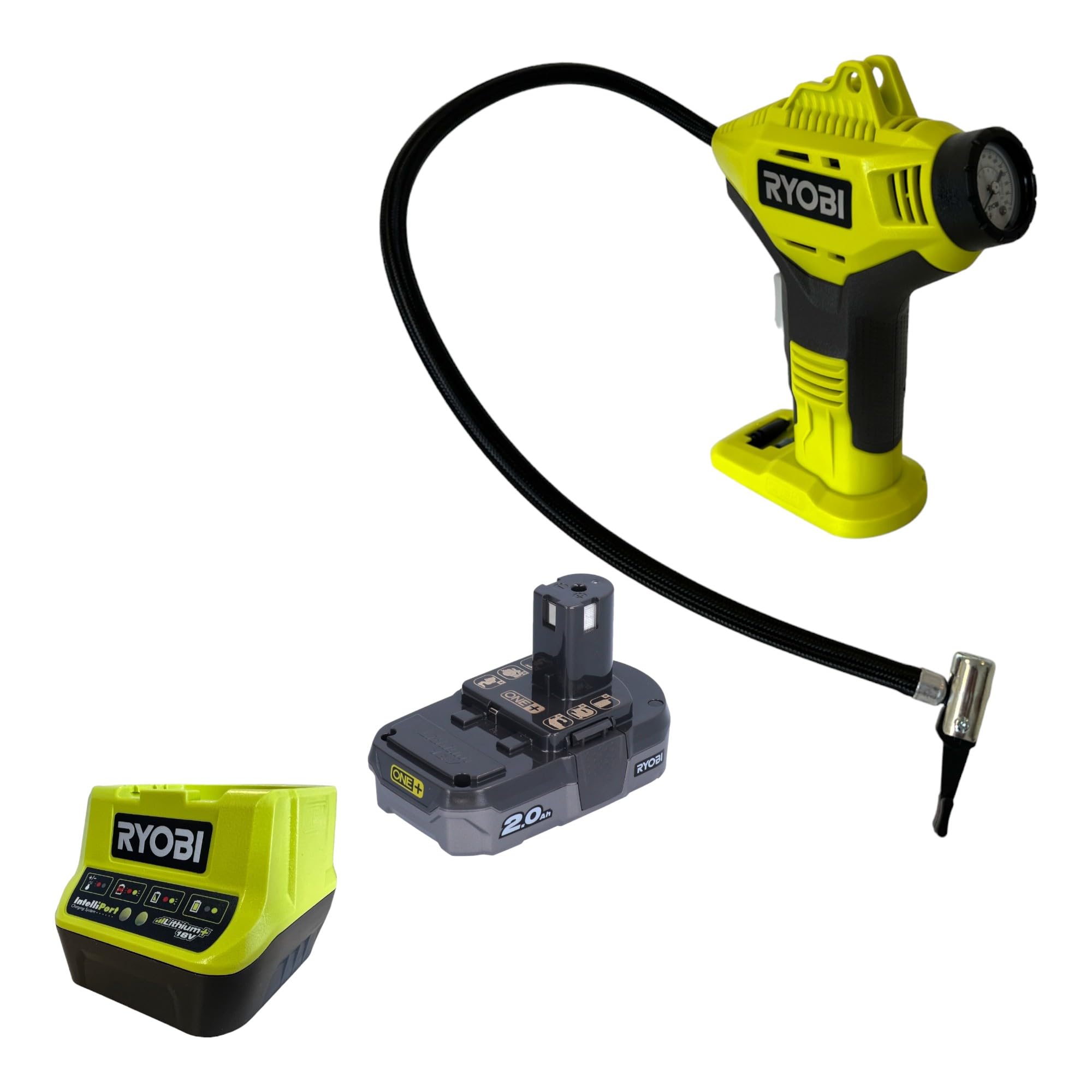 Ryobi Compresseur de Loisirs 18V Gonfleur Livré avec 1 Batterie Lithium+ 18V 2,0 Ah, 1 Chargeur Rapide 2,0 A et 3 Embouts de Gonflage pour Pneus de Voiture, Vélo, Ballons et Autres R18PI-120GJ