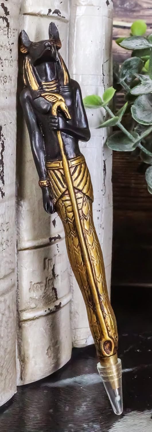 Ebros Gift Pack Of 2 Egyptian Jackal Dog Headed God Anubis And Cat Goddess Bastet Ballpoint Pens With Golden Hieroglyphic Inscriptions Classical Egypt Themed Stationery Writing Pen