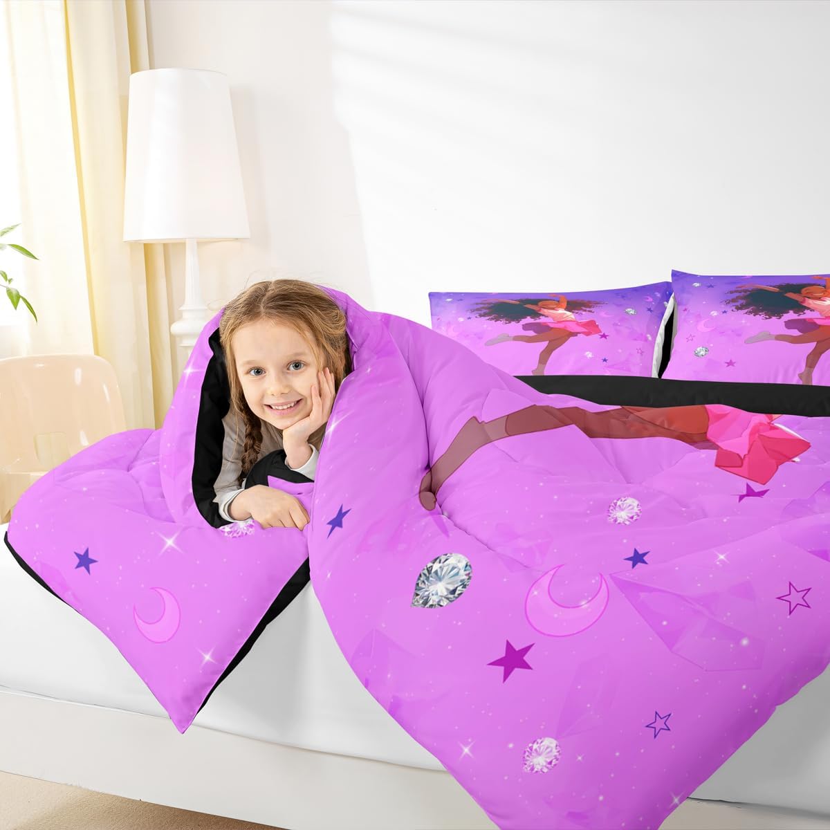 Erosebridal Black Girls Comforter Set Queen for Kids Teens Women, Starry Sky Diamond Bedding Set African Style Cute Girl Quilt Cute Afro Princess Magical Duvet Insert with 2 Pillow Cases, Purple