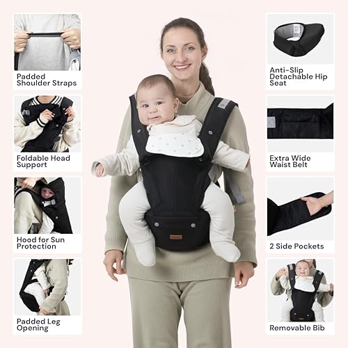 Miniatura 3 de BabbleRoo Portabebés 6 en 1 con certificación de seguridad y asiento de cadera, ergonómico y ajustable, para niños pequeños, de 7 a 50 libras, con