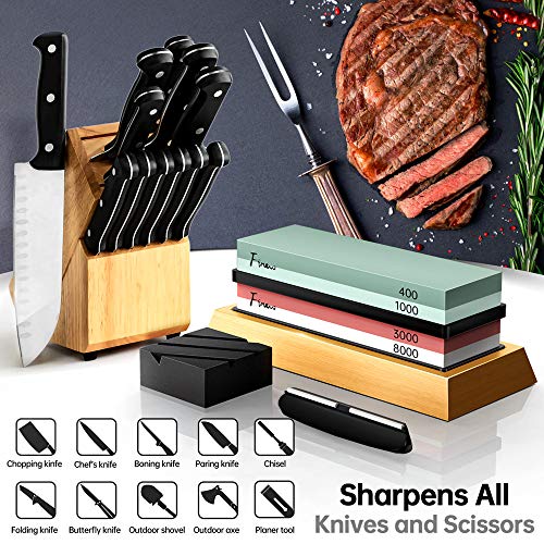 Knife Sharpening Stone Set, Finew Professional Whetstone Sharpener Stone Kit, Premium 4 Side Grit 400/1000 3000/8000 Water Stones, Non-slip Bamboo Base, Flatting Stone, Angle Guide