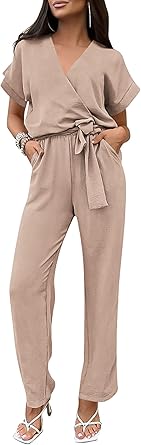 PRETTYGARDEN Women's Summer One Piece Jumpsuits Belted Short Sleeve Wrap V Neck Fashion Dressy Casual Wide Leg Pants Romper