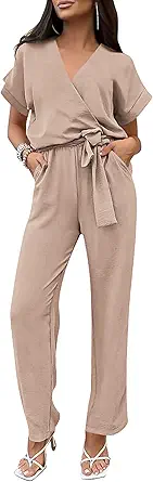 PRETTYGARDEN Women's Summer One Piece Jumpsuits Belted Short Sleeve Wrap V Neck Fashion Dressy Casual Wide Leg Pants Romper