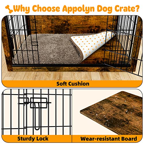 Appolyn Dog Crate Furniture With Cushion, Side End Table, Dog Crate With Two Doors, Wooden Indoor Dog Kennels Crates For Medium Dogs Up To 45Lb, 32.7"X21.7"X25.2", Vintage #TOP5