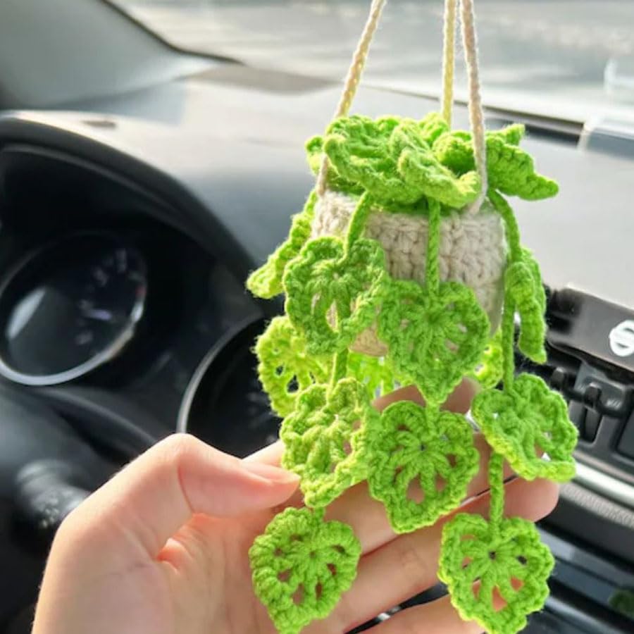 LEZIEBIRE Car Hanging Ornament Knitted Boho Plant for Decor,Cute Crochet Car Hanging Plant Basket Ornament Rear View Mirror Decoration Accessories