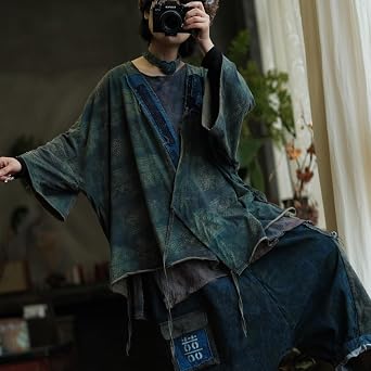 Women Vintage Style Geometric Pattern Cardigan Distressed Denim Look Kimono Shirt