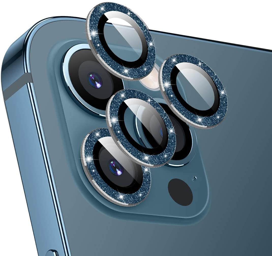 GTRONIC Camera Lens Protector for iphone 12 pro 6.1 inch, Premium HD Tempered Glass Metal Ring Aluminum Alloy Lens Screen Cover Film (Pacific Blue Bling)