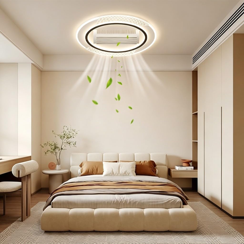 LYSDjia Modern Ceiling Fans with Lights Remote Control Low Profile Flush Mount Ceiling Fan Farmhouse Bladeless Black Ceiling Fan with Light LED Dimmable 6 Speed Reversible for Kitchen (Oval Black)