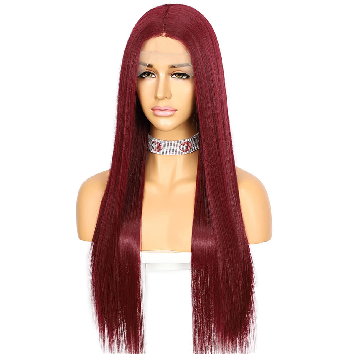 INPETS Synthetische Perücken Mit Spitze Vorne,Burgunderrote Synthetische Spitzeperücke Für Frauen Lange Gerade Faser Tägliche Hochzeit Make Up Schicht Tiefe Mittlere T Teil Hitzeperücke,26 inch