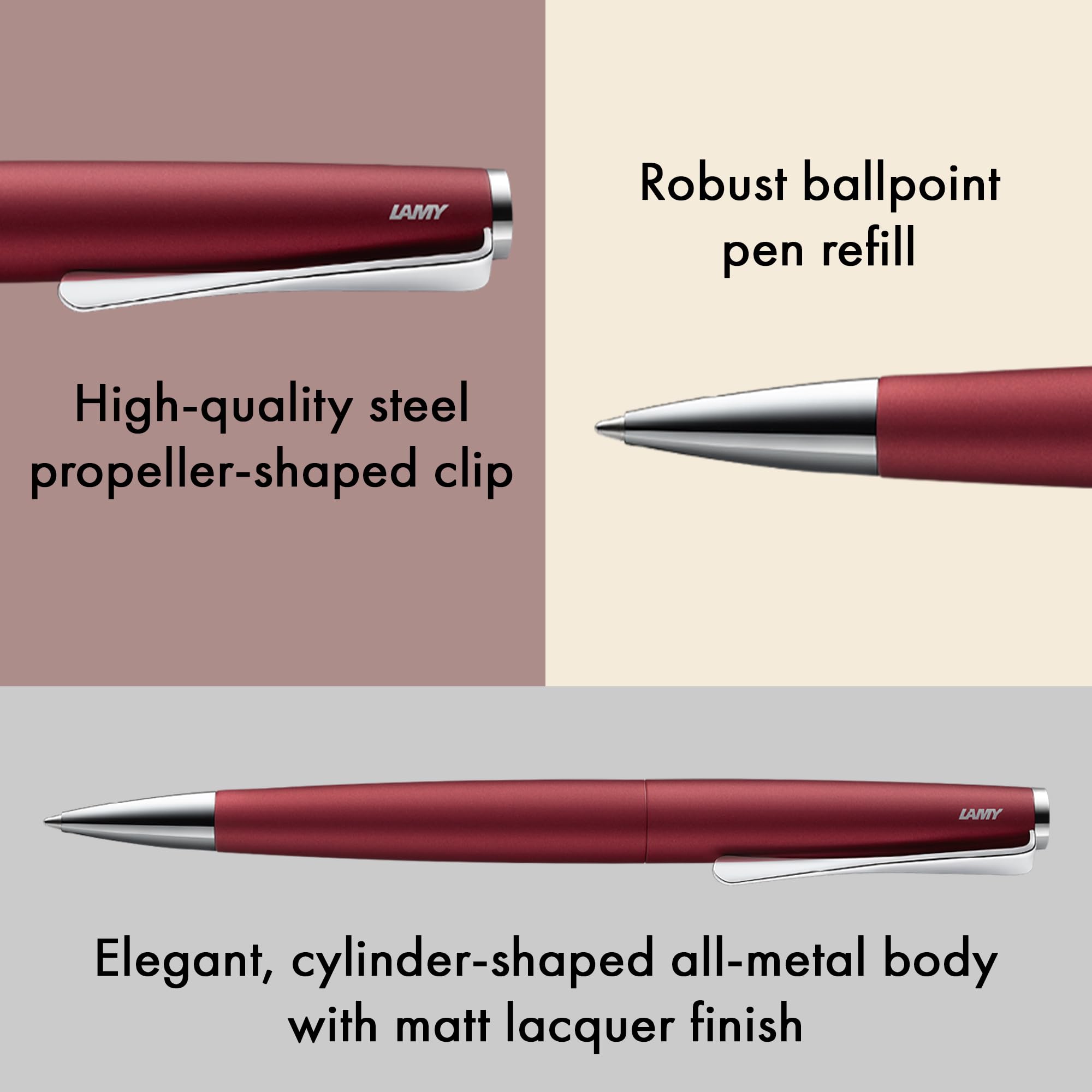 Lamy studio royalred sfera- universale con involucro in acciaio inossidabile elegante - con clip a forma di elica - refill gigante M 16 M nero