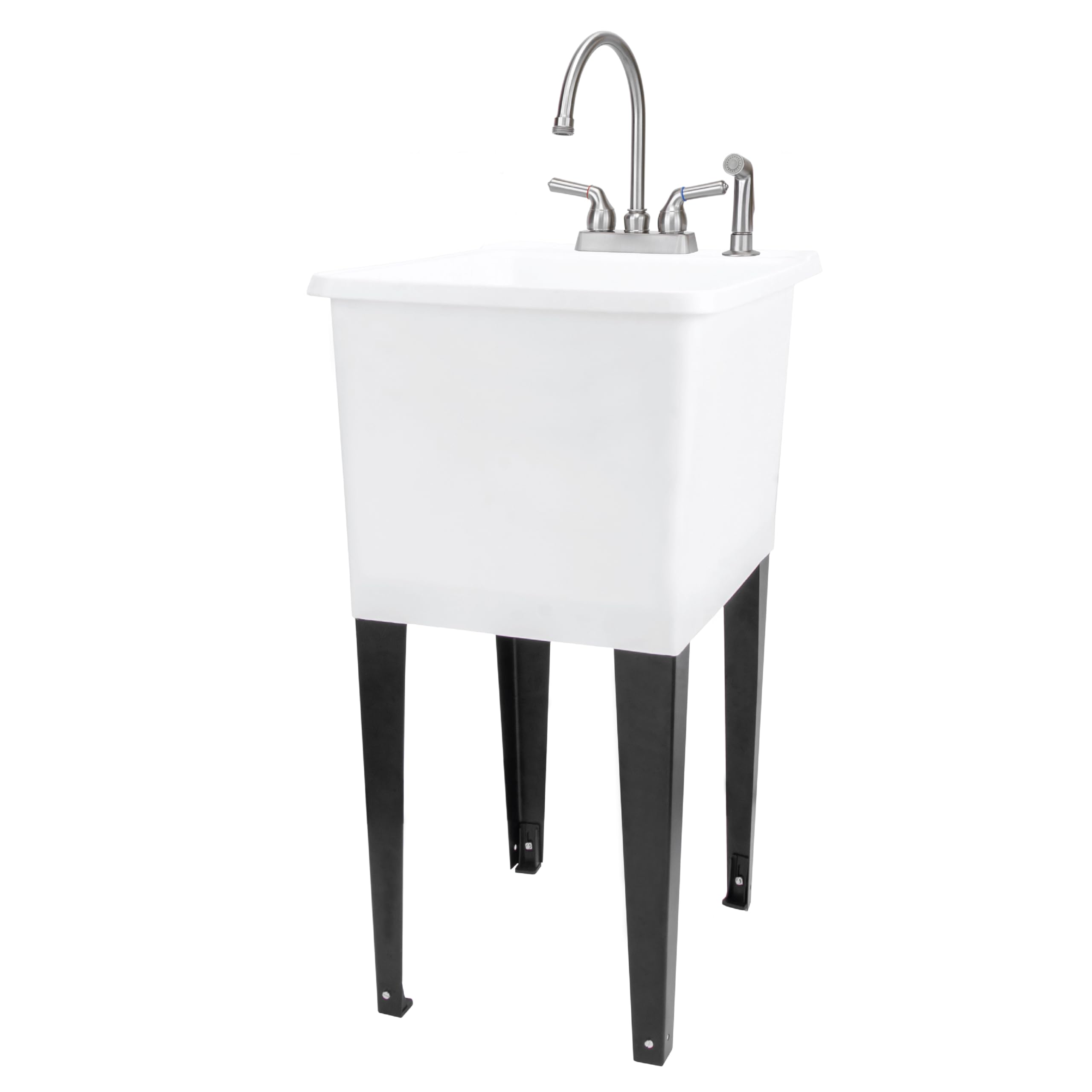 White Space Saver Utility Sink by JS Jackson Supplies, Freestanding Tehila Space Saving Laundry Tub, Stainless Steel Gooseneck Faucet with Side Sprayer