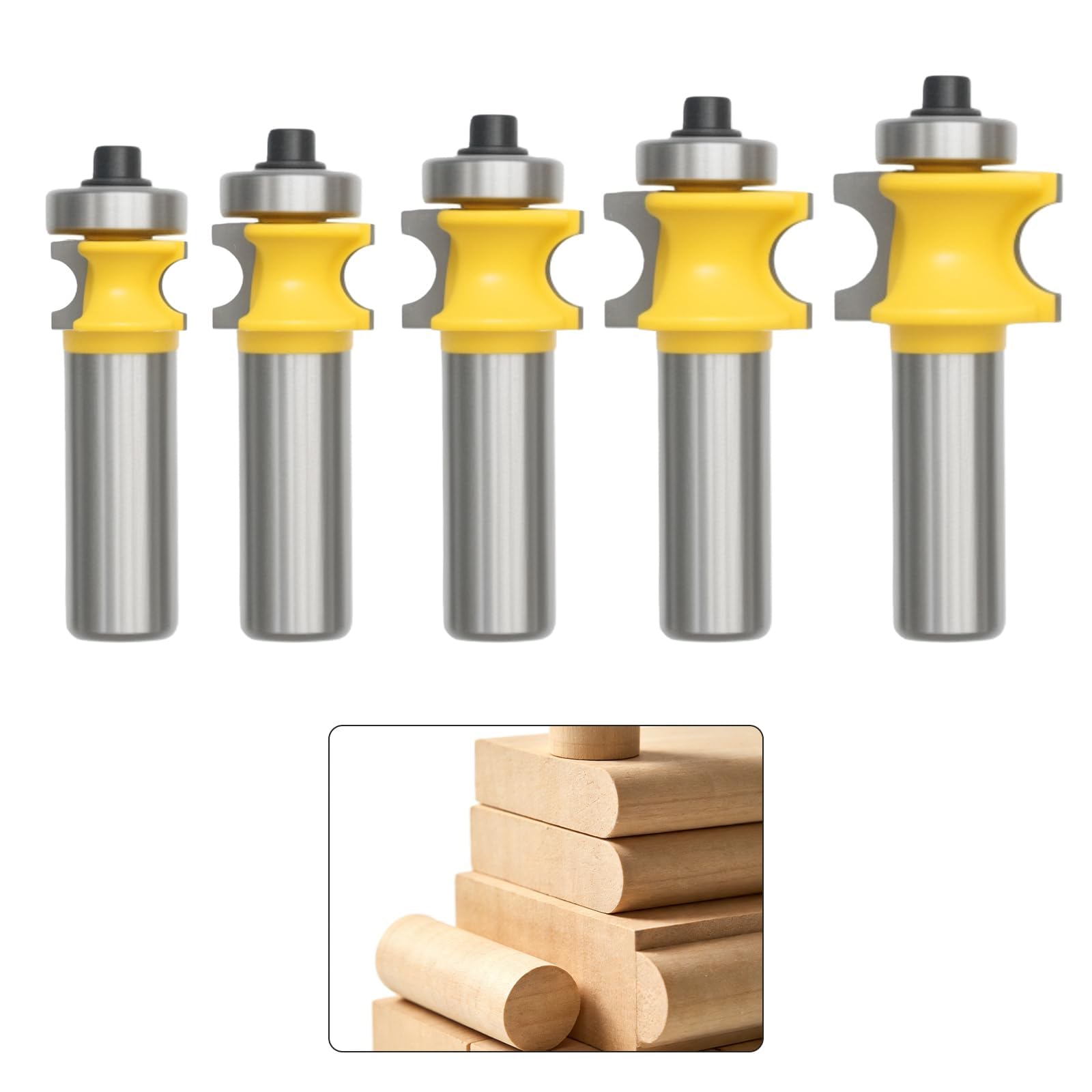 JUUDDENPARTS 5 PCS 1/2 Inch Half Round Bullnose Router Bit Set, Tungsten Steel and Carbon Steel Cutting Tools for Wood, MDF, Plywood, and Particle Board (Sliver&Yellow)